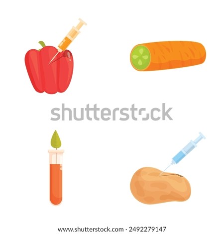 Illustration set of genetically modified foods including a syringeinjected bell pepper, carrot, and potato, plus a test tube with a plant sample