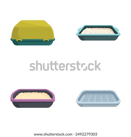 Four styles of cat litter boxes in various colors and designs, isolated on white background