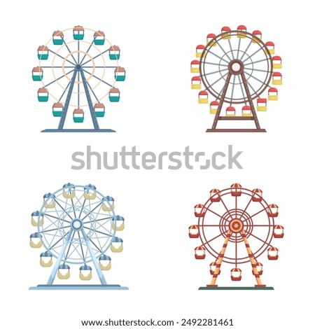 Collection of four stylized ferris wheels with various color schemes