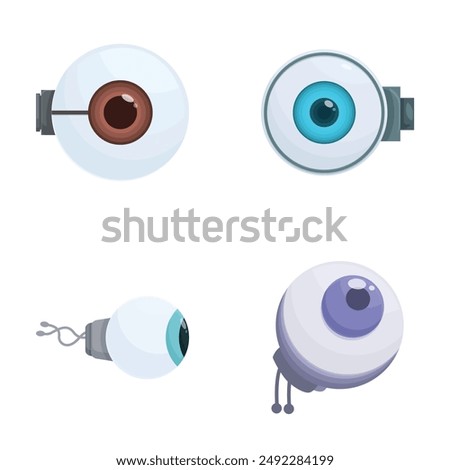 Four colorful, cartoonstyle robotic eyes on a white background, perfect for techthemed projects