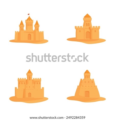 Four different styles of cute sand castles isolated on white background for creative design uses