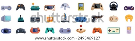 Retro gamepad icons set. Set of various devices for playing video games, including joysticks, gamepads, and consoles