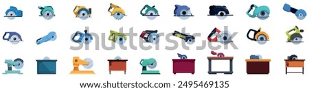 Circular saw machine icons set. Collection of circular saw icons showing woodworking and construction tools for cutting wood, metal, concrete, or other materials