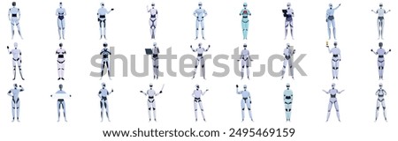 Lady robot icons set. Diverse collection of robots assuming various poses and engaging in different activities, showcasing their versatility and capabilities