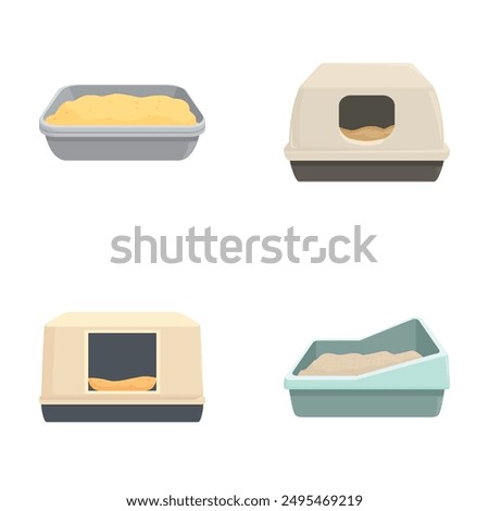 Collection of cartoon style cat litter boxes in various designs, isolated on white