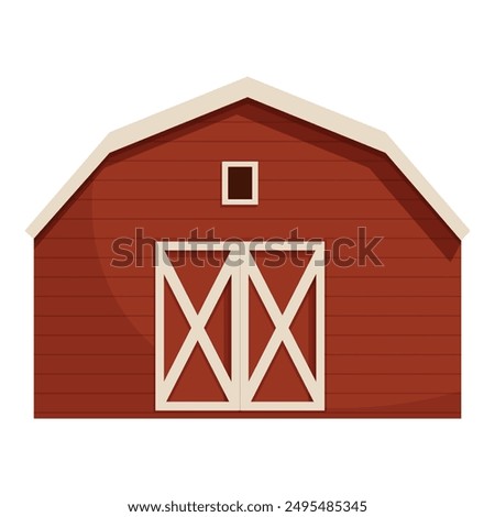 Big red barn building standing on farm yard, countryside wooden construction for keeping hay