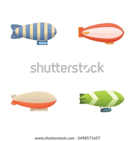 Collection of four whimsically designed cartoon airships and blimps, isolated on a white background