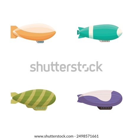 Collection of colorful cartoon airships. Including blimps. Zeppelins. And dirigibles. In a whimsical and playful vector illustration set with a variety of flat design. Isolated icons