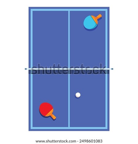 Blue ping pong table tennis court is displaying paddles and ball lying on top