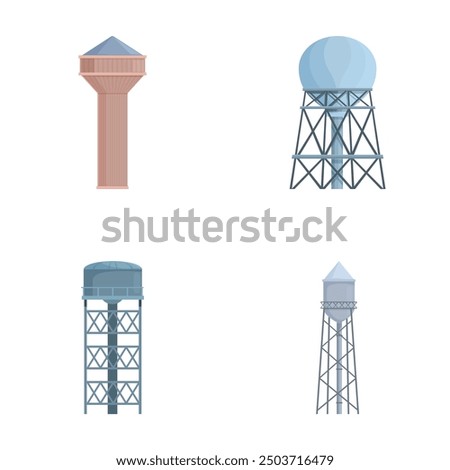 Various designs of cartoon water towers, representing iconographic urban water supply structures