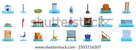 Flood house basement icons set. House flood icons set, room flooding with water, home disaster and destruction vector illustration