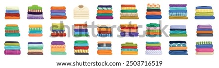 Folded clothes stack icons set. Set of colorful and neatly folded piles of clothes and towels, perfect for representing laundry or organization