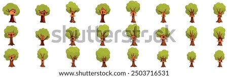 Treehouse icons set. This set features various tree houses with ladders, balconies and windows, perfect for children games and adventures