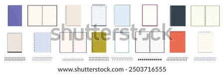 Notebook spiral binders icons set. Variety of blank spiral notebooks with different colored covers, sizes, and binding styles are depicted, offering options for note taking