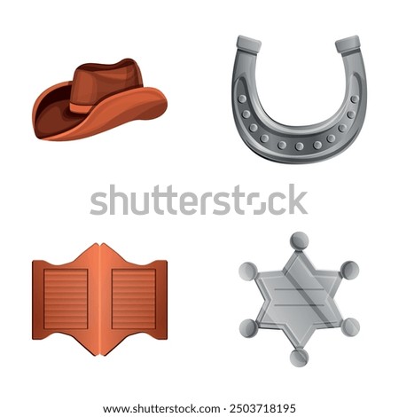 Sheriff attribute icons set cartoon vector. Wild west. American old west