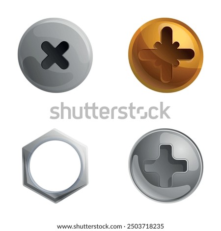 Screw icons set cartoon vector. Metal screw and bolt. Fixing device, repair tool