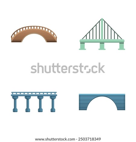 Different bridge icons set cartoon vector. Bridge project. Construction, infrastructure