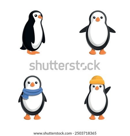 Little penguin icons set cartoon vector. Cute baby penguin. Cartoon character