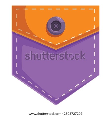 Purple and orange pocket is folded down, showing its white stitching and button