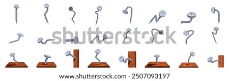 Hammered stainless nails icons set. Set of various steel nails bending in different directions, isolated on white background