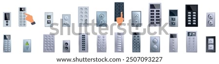 Elevator control panel icons set. Set of cartoon icons of elevator control panels with buttons for selecting floors and directions