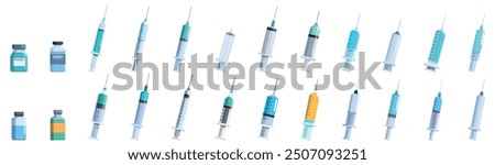 Plastic syringe icons set. Set of medical syringes and flasks for injections with liquid medicine, illustration for vaccination, influenza, healthcare, hospital concepts