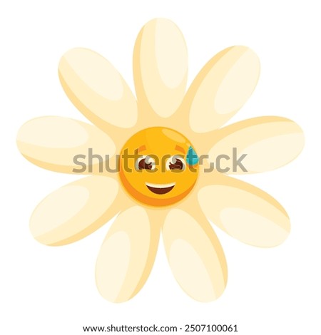 Cartoon daisy character with a happy expression sweating under the sun