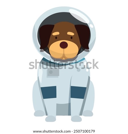 Cute brown and black dog wearing an astronaut suit is sitting down