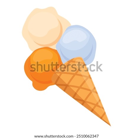 Three colorful scoops of ice cream melting and falling off a crunchy waffle cone