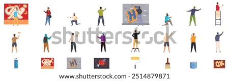 Graffiti painter icons set. Street artists making graffiti on building wall with paint cans and brushes icons set isometric vector illustration