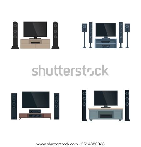 Vector set of various home cinema systems with speakers and tv