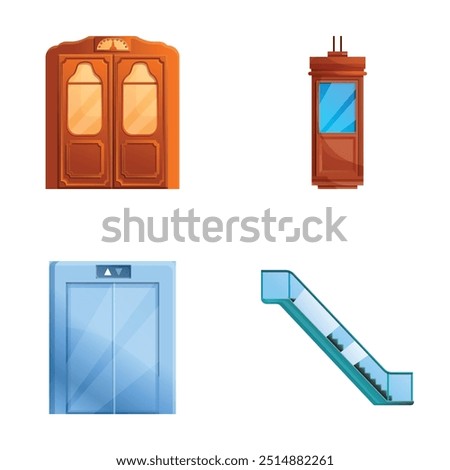 Lifting installation icons set cartoon vector. Escalator and various elevator. Passenger lift and staircase