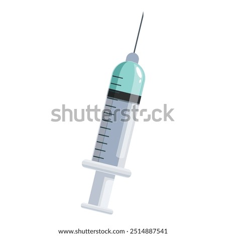 Medical syringe with a sharp needle is filled with a blue liquid medicine