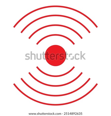 Abstract red symbol representing broadcasting signal waves spreading from a red dot on a white background