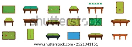 Snooker table icons set. Big set of billiard or snooker tables with green cloth in different positions showing top view and side view