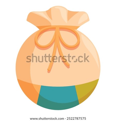 Cartoon illustration of a round cloth gift bag tied with a ribbon bow, perfect for representing gifts and celebrations