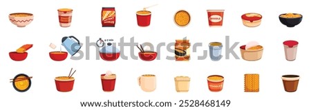 Instant soup icons set. Collection of different images representing cooking and eating instant noodles