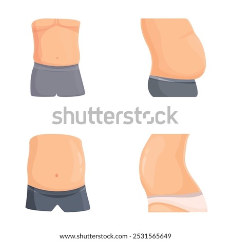 Four vector illustrations displaying cartoon male and female torsos with different body shapes