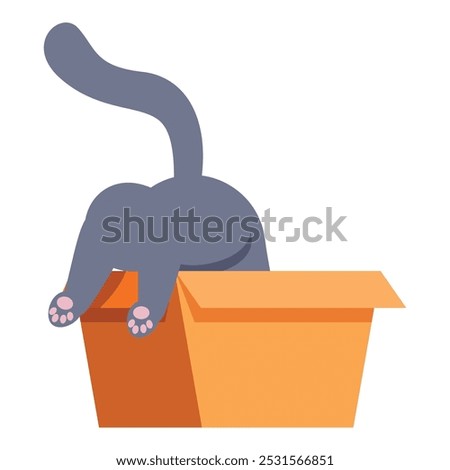 Playful gray cat entering cardboard box upside down, showing only its rear and tail