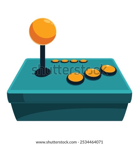 Cartoon icon of a vintage rectangular blue gamepad with round yellow buttons and a joystick