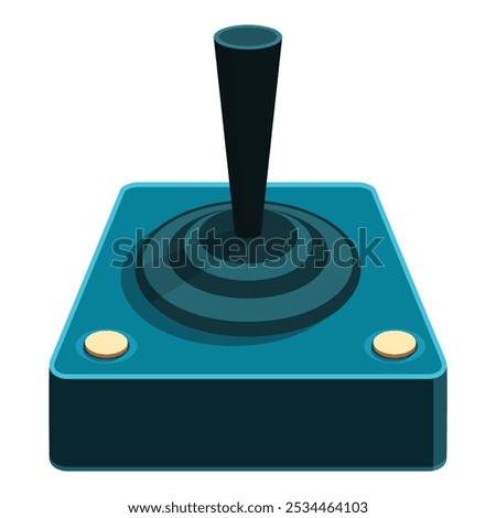 Blue retro joystick with a black stick and two yellow buttons standing on white background