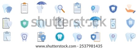 Dental insurance icons set. Set of dental insurance icons symbolizing protection, care, and health for teeth, emphasizing the importance of oral hygiene and preventative measures