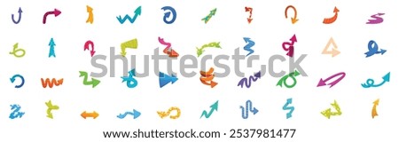 Quirky arrow icons set. Set of colorful arrows pointing up, down, left, right, and diagonally, indicating various directions and movements