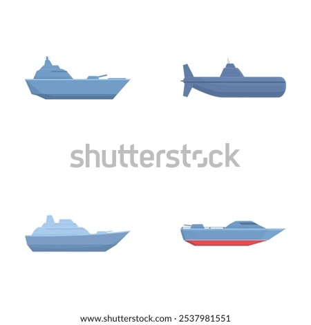 Vector illustration collection of maritime vessels including naval ships and submarines