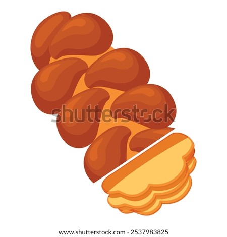 Freshly baked loaf of braided bread with two slices being cut off on a white background