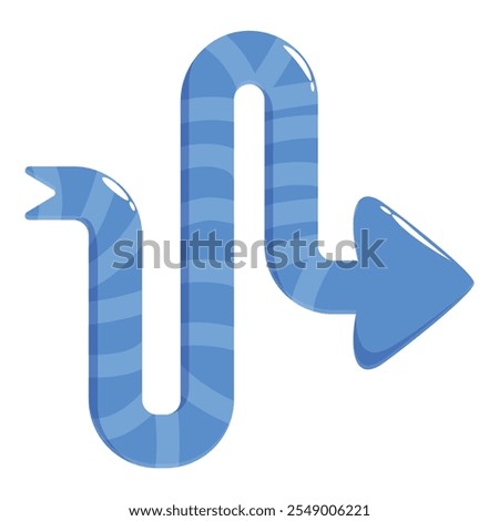 Glossy blue striped arrow pointing right featuring a reverse curve and forked tail