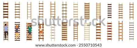 Rope ladder icons set. People are climbing different types of wooden ladders, representing career growth, personal development, and the pursuit of success