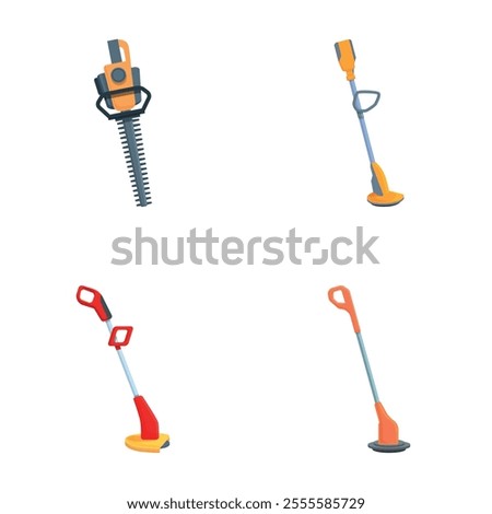 Yard lawnmower icons set cartoon vector. Electric lawn mower and grass trimmer. Gardening equipment