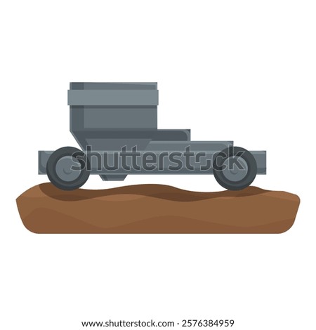 Illustration of a grey mine cart filled with coal, resting on railway tracks