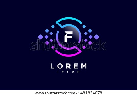 Abstract letter F line logo design template. dark blue, blue and purple gradient Color pixel creative sign. Universal vector icon. Digital Concepts and Circles, vision, eye, technology Icons.